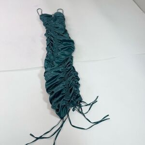 Akira Midi Dress XS Womens Teal Satin Ruched Strappy Sleeveless Bodycon